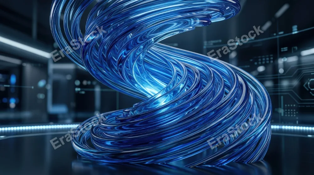 An abstract blue glass spiral with glossy curved depth, layered transparency and a sleek modern digital atmosphere, ultra-realistic, no logos.