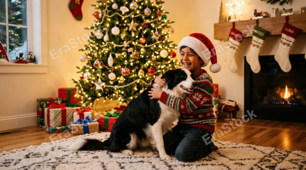 A happy Hispanic boy in a Santa hat hugging his border collie dog on the living room floor in front of a decorated Christmas tree, affectionate family holiday warmth, ultra-realistic, no logos.
