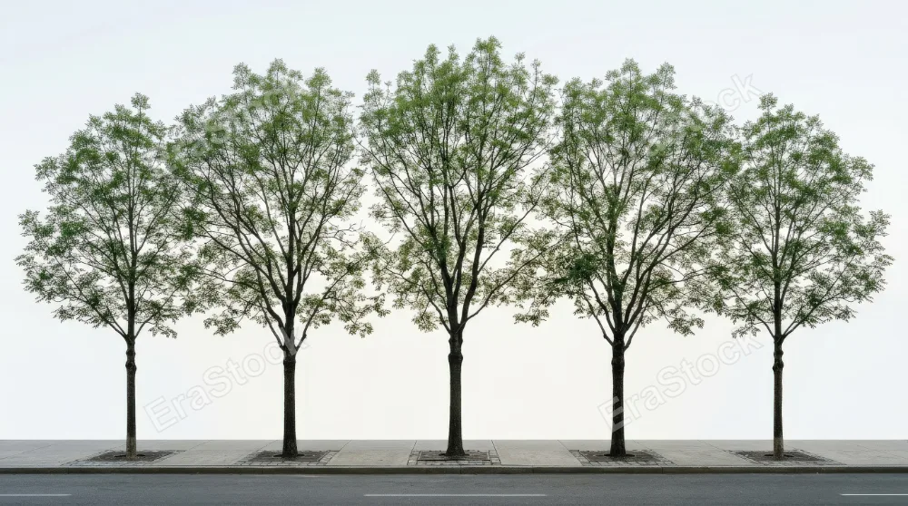 Ash street trees with balanced branching and airy foliage, frontal urban planting silhouettes isolated on a clean background, structured greenery in natural daylight, ultra-realistic, no logos.