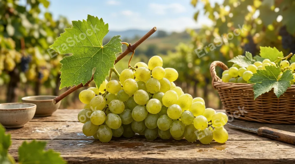 A fresh bunch of green grapes with stem and leaf, ripe translucent fruit and bright healthy harvest atmosphere, ultra-realistic, no logos.
