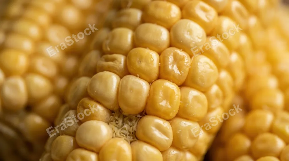A macro photo of corn kernels in warm yellow tones, rich natural pattern, soft light and wholesome organic texture, ultra-realistic, no logos.