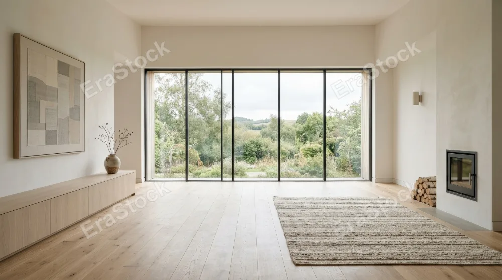 An empty Scandinavian minimalist living room, soft neutral palette, clean lines and calm spacious atmosphere, ultra-realistic, no logos.
