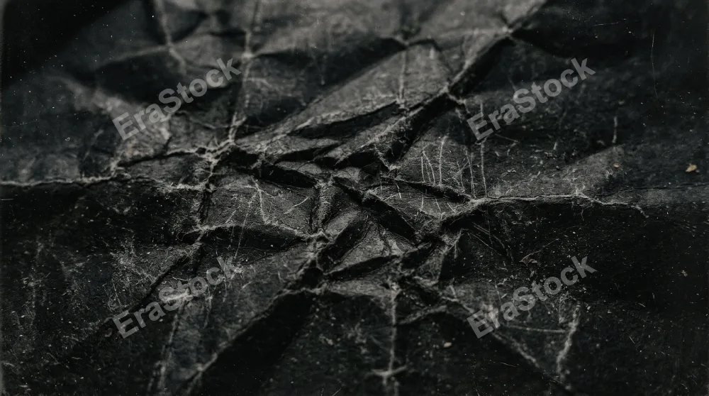 A crumpled black paper surface with scratches and dust, distressed folds, gritty texture and aged photographic wear, dark editorial mood, ultra-realistic, no logos.
