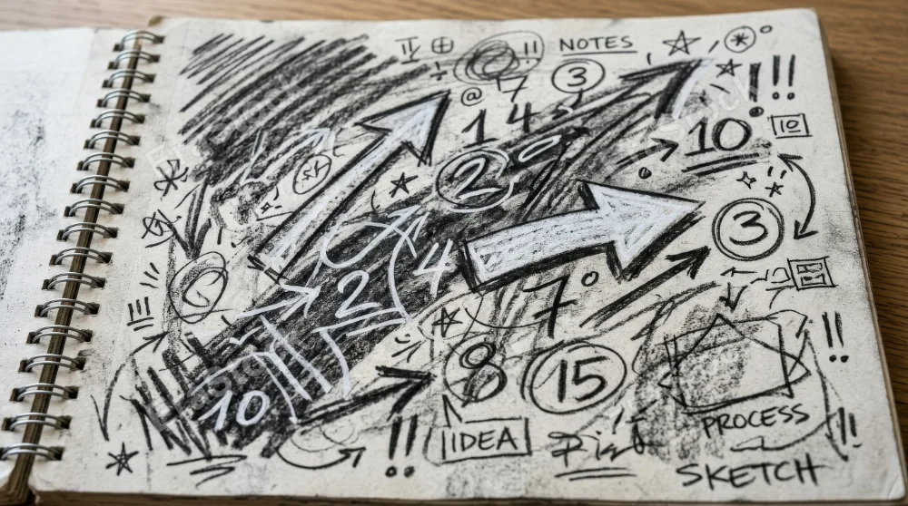 Charcoal scribble stripes, emphasis arrows and hand-drawn numbers, chalky marker doodles with sketchbook spontaneity, gritty creative texture, ultra-realistic, no logos.