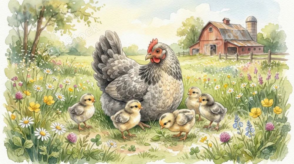 A whimsical watercolor set of cute grey chicken and chicks, tender feather textures and spring meadow softness, warm family farm atmosphere, ultra-realistic, no logos.