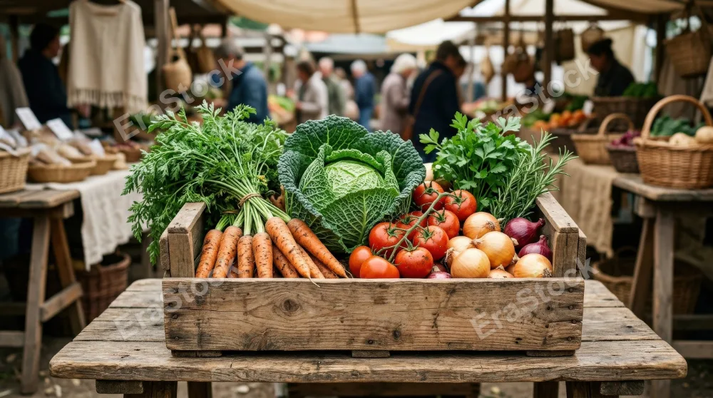 A wooden vegetable crate filled with carrots, cabbage, tomatoes, onions, and herbs, fresh farm textures and soft daylight in a rustic market setting, ultra-realistic, no logos.