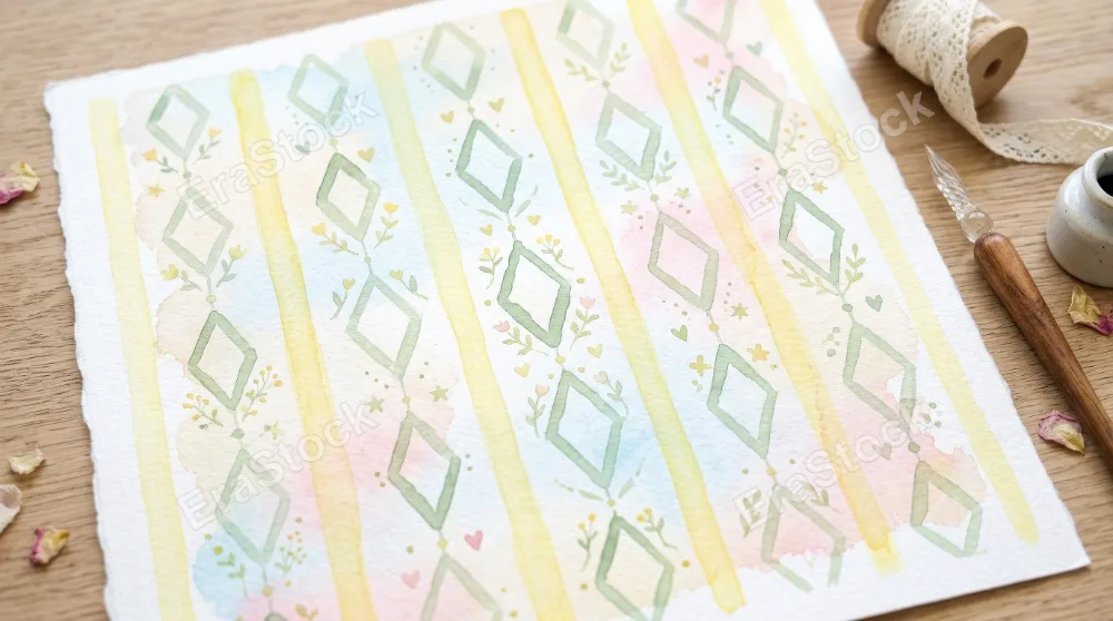 A whimsical watercolor background with light yellow stripes and a soft green diamond pattern, airy pastel washes and delicate hand-painted texture, charming stationery mood with a playful romantic