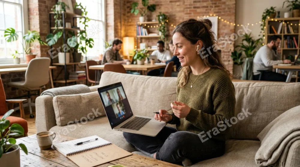 A female freelancer talking on a video call through her laptop while sitting on a sofa in an illuminated coworking office, cozy seating, notebook nearby, modern creative workspace, ultra-realistic, no