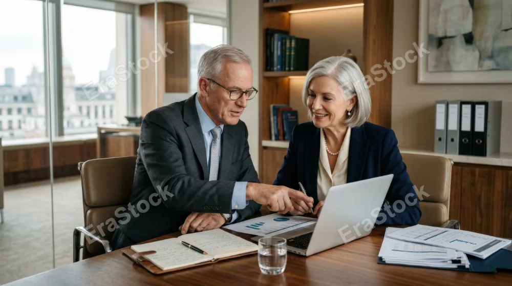 Two senior business professionals working together in an office environment, reviewing information on a laptop with papers nearby, refined attire and experienced expressions, elegant workspace and