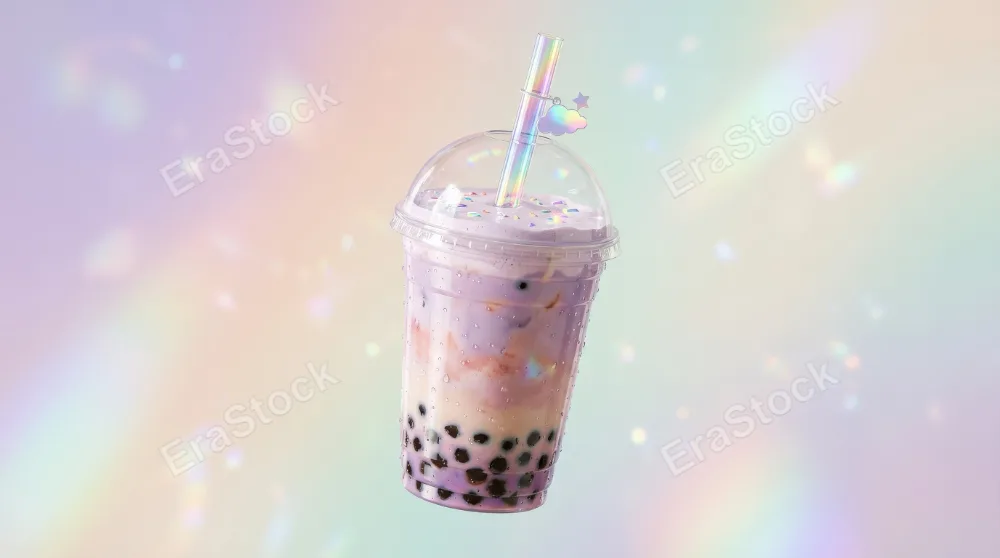 A pastel bubble tea drink floating in a clean scene, glossy cup surface, creamy tones, soft pearls visible, holographic accents, playful kawaii sweetness, ultra-realistic, no logos.