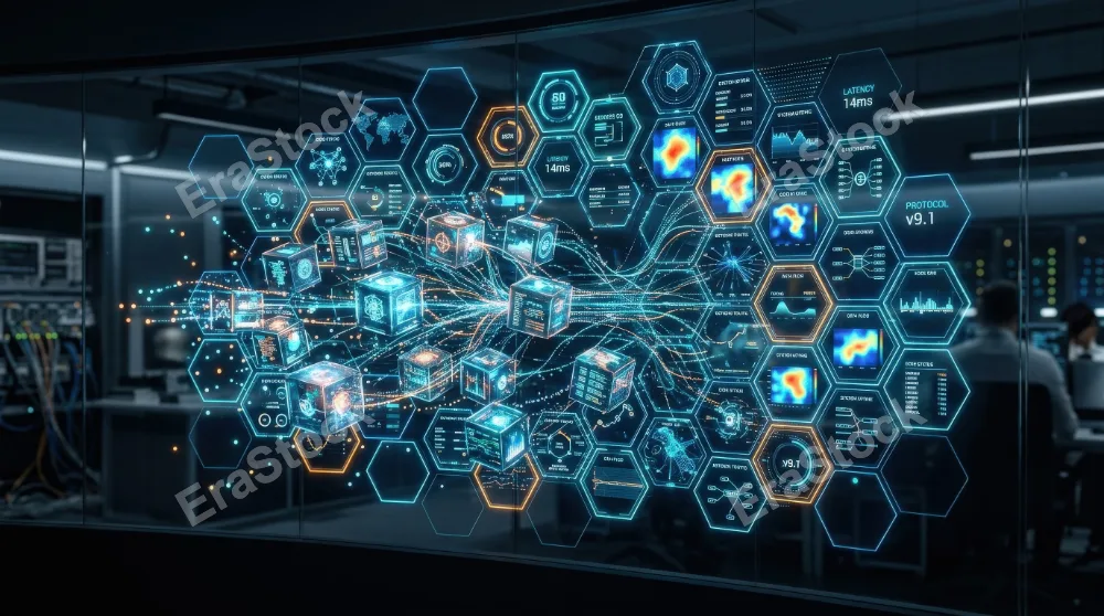 A futuristic hexagonal interface with 3D cubes, glowing dots and luminous tech lines, polished VR-style data visualization, ultra-realistic, no logos.