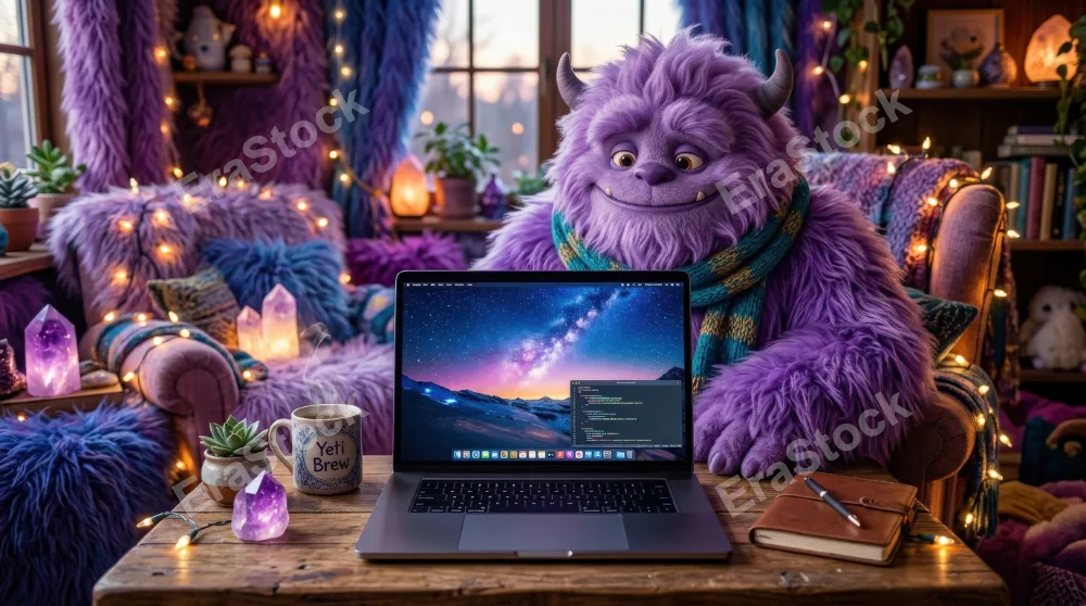 A sleek laptop placed in front of a purple yeti, cozy surreal workspace scene with soft fur texture and fun contrasting colors, ultra-realistic, no logos.