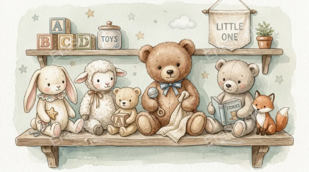 Retro watercolor teddy bear set with cute plush animals in gentle poses, light nursery palette and hand-painted softness for baby decor, ultra-realistic, no logos.
