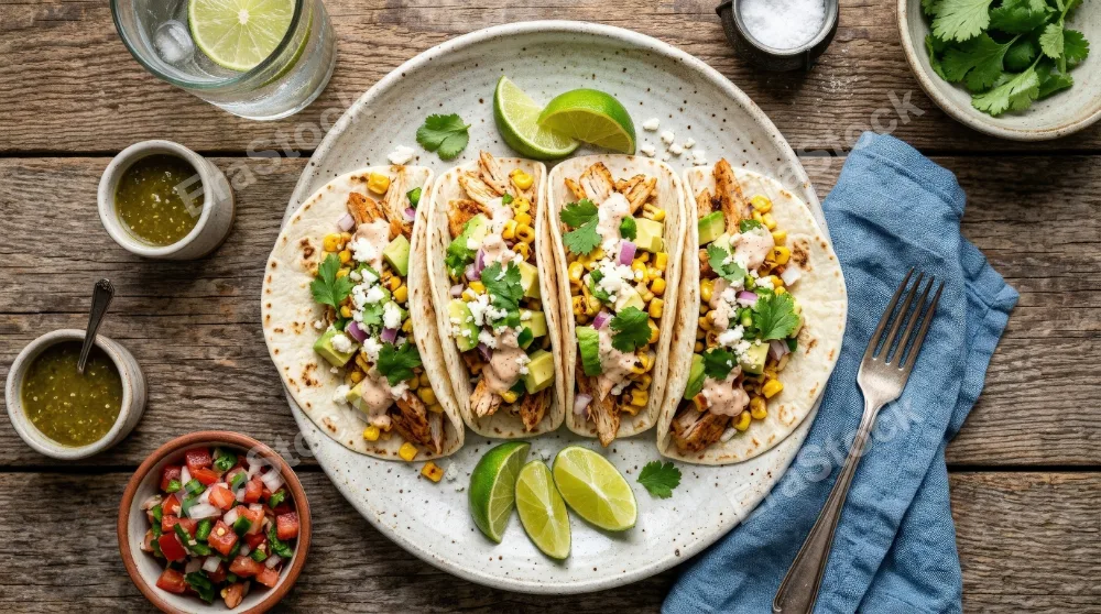 Overhead view of soft tacos with chicken, corn, avocado and lime, bright fresh ingredients, rustic table styling, vibrant appetizing textures, ultra-realistic, no logos.