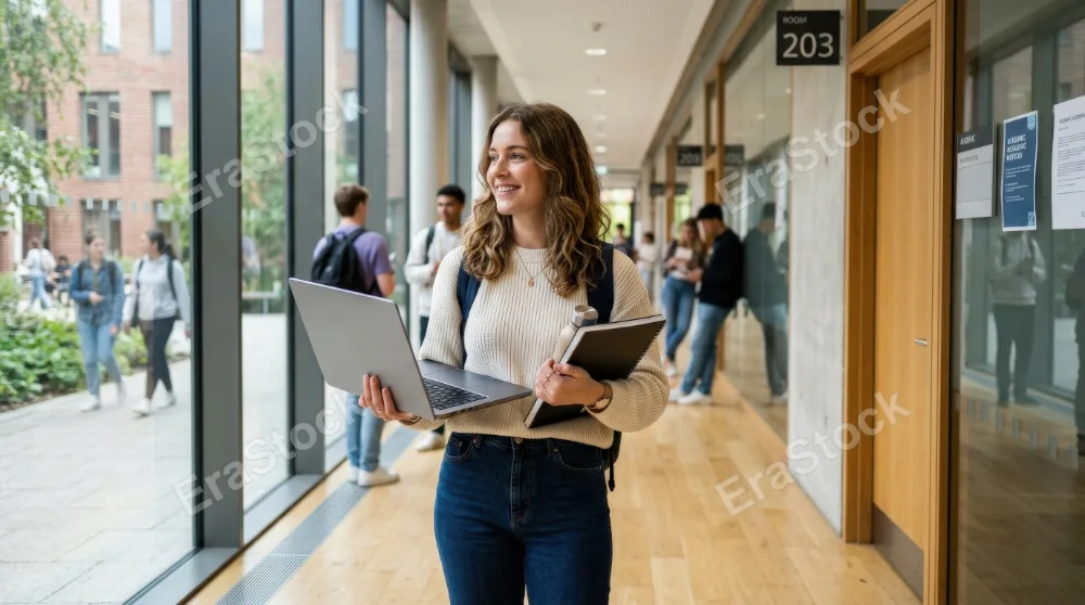 A smiling young woman holding a laptop and looking away while standing in a university corridor, soft daylight, modern campus interior, calm academic confidence, ultra-realistic, no logos.