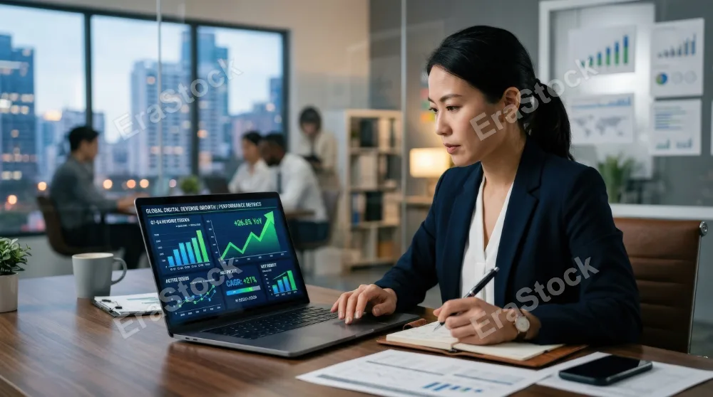 A financial analyst reviewing a digital growth chart on a laptop, rising arrow graph, performance metrics and revenue trends in a sleek planning environment, ultra-realistic, no logos.