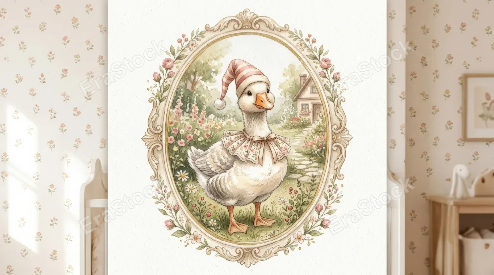 A cute goose illustration for a girl in an oval frame with festive hat and collar, beige cottagecore watercolor nursery mood, ultra-realistic, no logos.