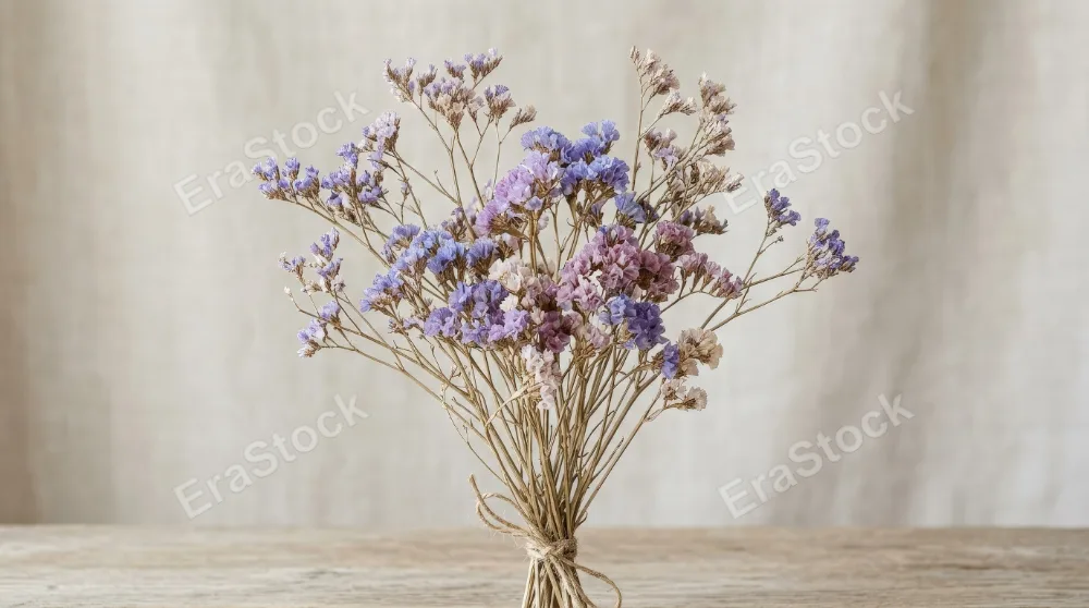 Dried Limonium flowers with papery petals and delicate branching stems, isolated high-resolution botanical arrangement in soft neutral light, airy and preserved, ultra-realistic, no logos.