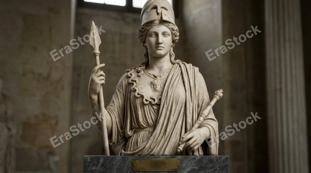 An ancient Greek goddess statue illustration, classical female sculpture inspired by Athena, Aphrodite and Hera, refined mythology portrait with museum grace, ultra-realistic, no logos.