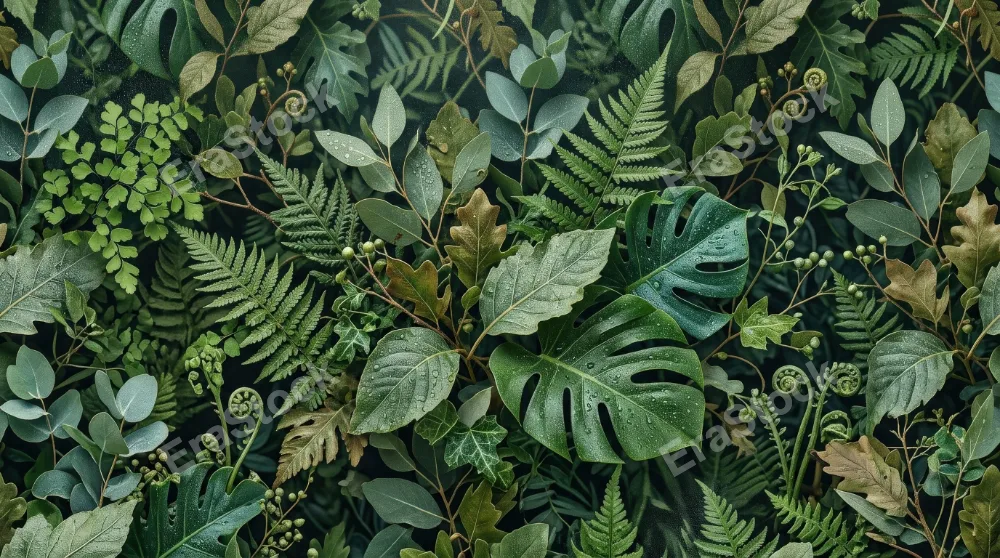 A seamless botanical leaf pattern with fine spray texture, layered natural forms, elegant decorative atmosphere, ultra-realistic, no logos.