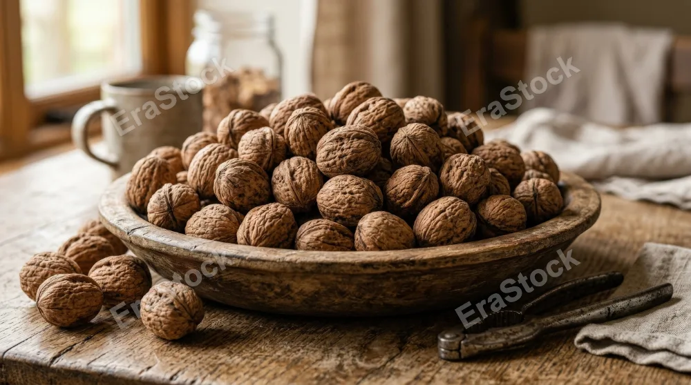 Whole walnuts in their shells piled naturally, earthy texture and wholesome rustic snack atmosphere, ultra-realistic, no logos.