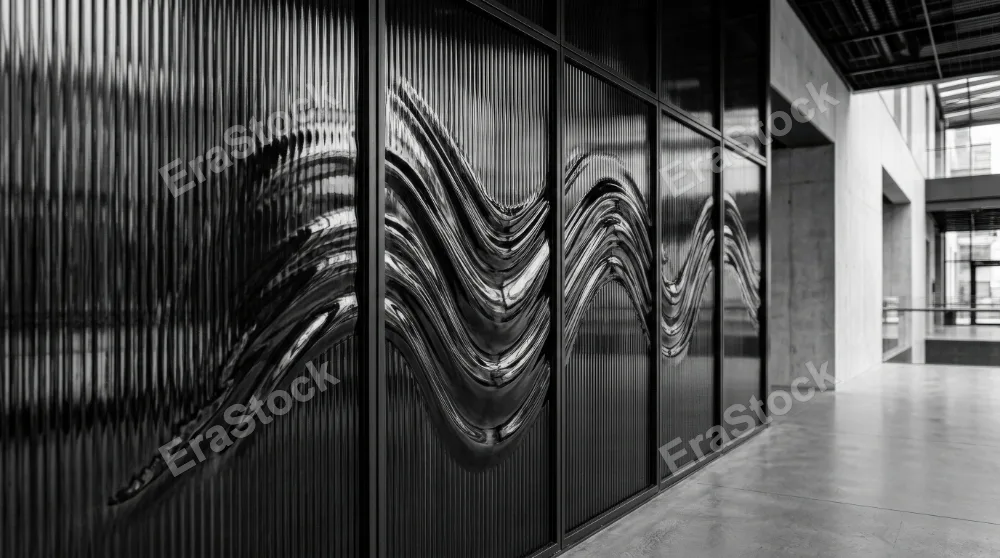 A ribbed glass surface in black and white with abstract waves, glossy gradient reflections and sleek minimal architectural mood, ultra-realistic, no logos.