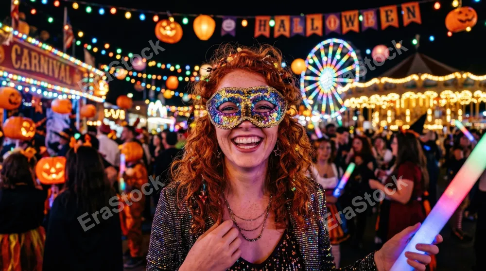 A young red-haired woman wearing a glitter mask and smiling at a night carnival party, colorful lights and festive decorations glowing around her, lively Halloween celebration mood, ultra-realistic,