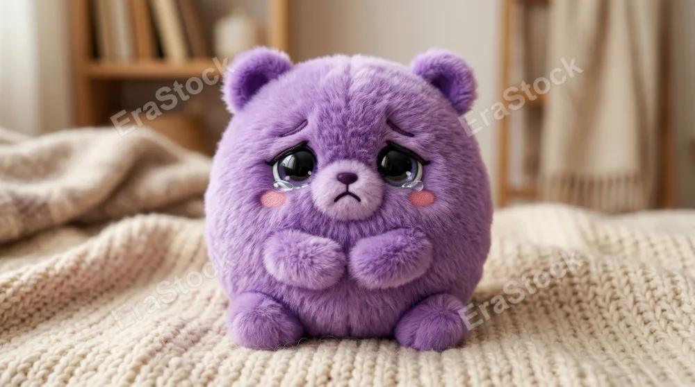 A rounded purple furry character with teary eyes and a charming face, plush texture, expressive emotion, soft studio light, ultra-realistic, no logos.