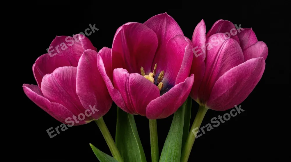 A close-up cluster of three magenta-pink tulips against a solid black background, velvety petals, green stems and rich floral drama, ultra-realistic, no logos.