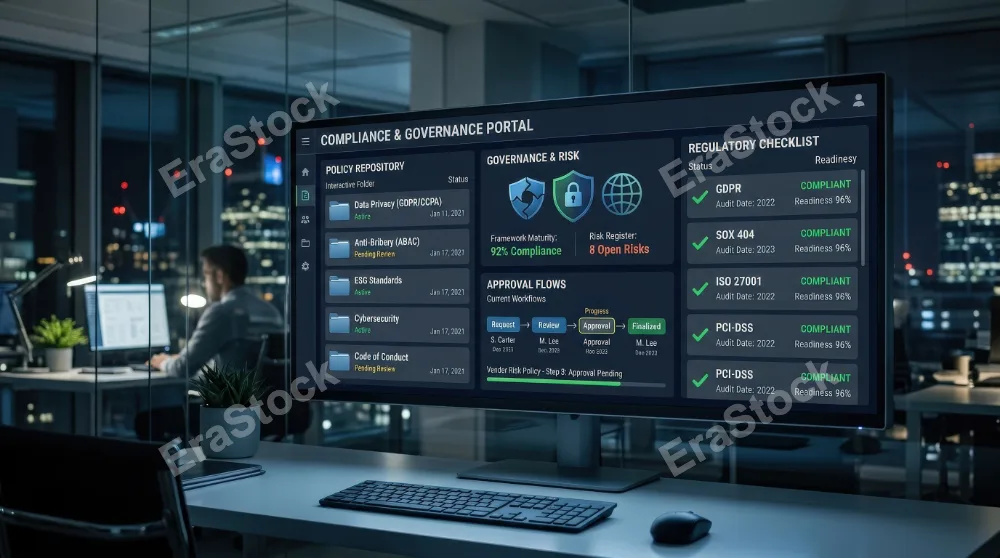 A digital compliance dashboard with policy folders, secure governance symbols, approval flows and regulatory checkmarks, cool professional lighting, transparent efficient corporate atmosphere,
