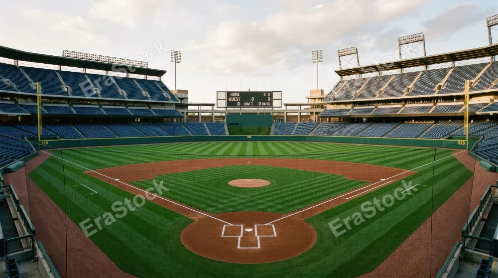 An empty baseball field ready for the game, fresh grass, neat diamond lines, vacant stands, crisp anticipatory sports atmosphere, ultra-realistic, no logos.