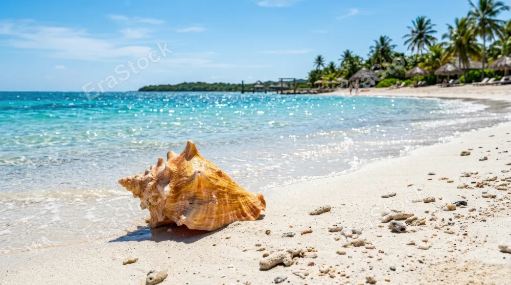 A golden conch shell resting on white sandy shore, azure water sparkling under bright sunlight, crisp coastal textures and peaceful resort atmosphere, ultra-realistic, no logos.