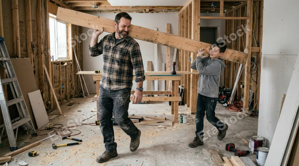 A father and son carrying a wooden plank during home renovation, unfinished interior details, practical motion, warm family cooperation mood, ultra-realistic, no logos.