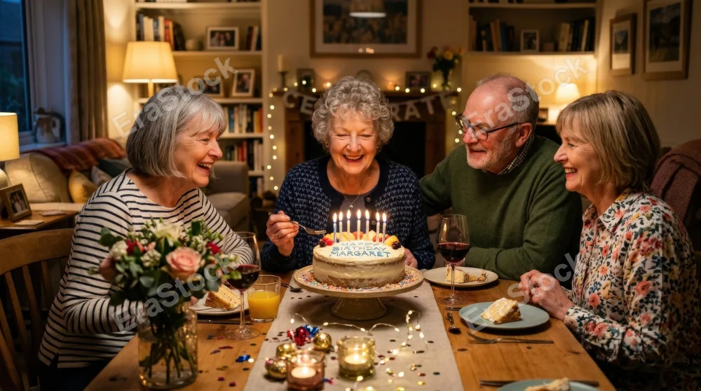 A senior woman celebrating her birthday with friends at home, decorated table, candles and cake, warm indoor light, affectionate smiles, intimate festive atmosphere, ultra-realistic, no logos.