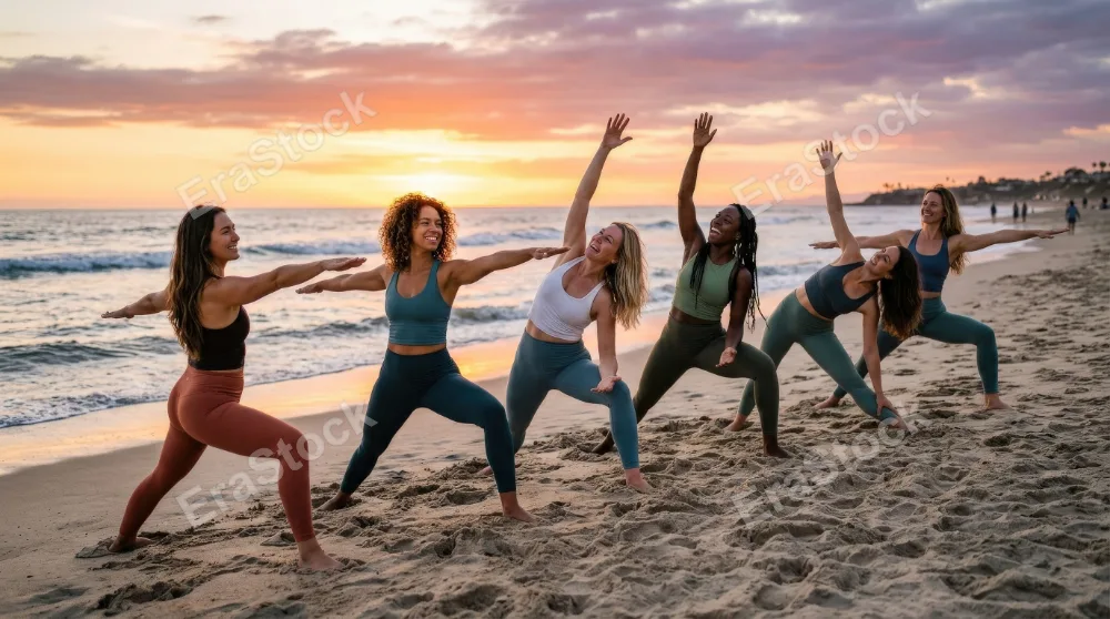 Women practicing yoga together on a beach at sunset, joyful expressions, soft sand, glowing horizon and graceful poses, peaceful radiant atmosphere, ultra-realistic, no logos.