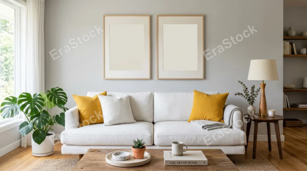 Two blank poster frames in a modern minimalist living room, white sofa, yellow pillows, wooden lamp and polished home decor scene, ultra-realistic, no logos.