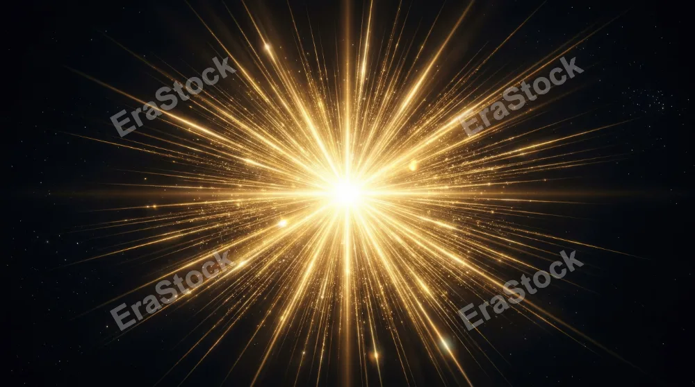 A golden starburst flare with radiant glow and shining rays, elegant abstract light against a dark backdrop, ultra-realistic, no logos.