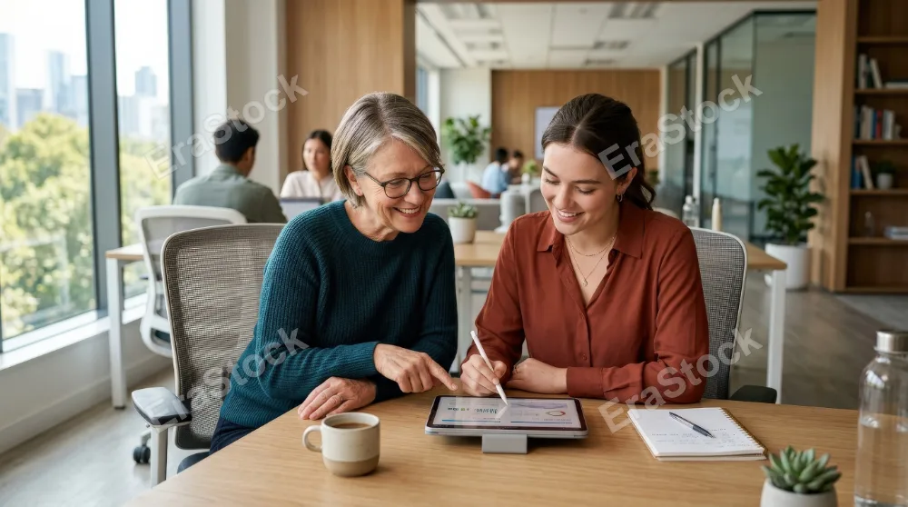 An older and younger woman collaborating on a tablet in an office, side-by-side at a shared desk, clean contemporary interior, soft daylight, warm intergenerational teamwork mood, ultra-realistic, no