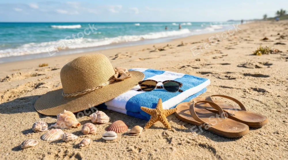 A beach summer vacation collection with seashells, sunglasses, sandals, towel, starfish, and a straw hat on warm sand, bright sun and relaxed coastal mood, ultra-realistic, no logos.