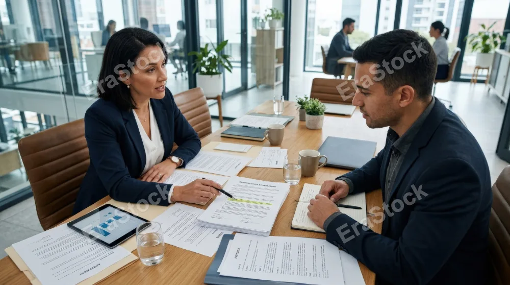 High-angle view of a businesswoman explaining business contract instructions to a male customer across a table, paperwork spread out, modern office setting, focused trustworthy mood, ultra-realistic,