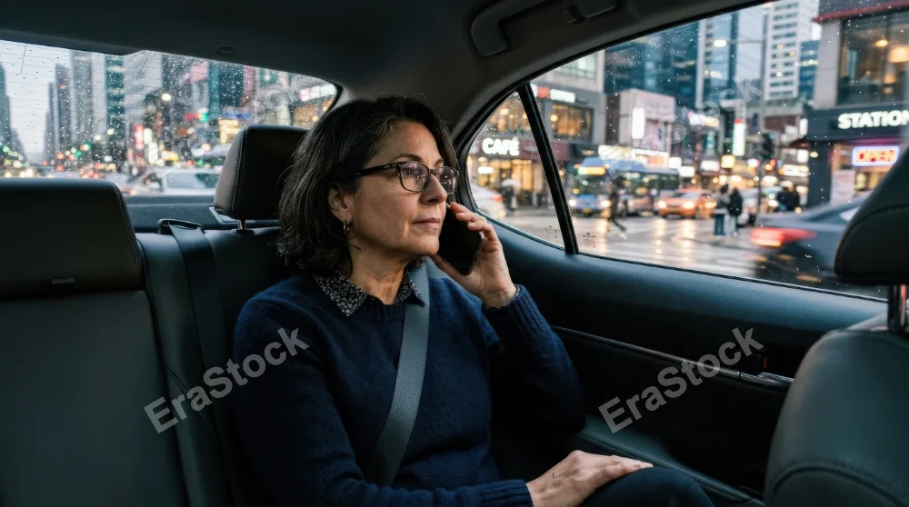 A middle-aged woman sitting in the back seat of a car talking on her smartphone, glasses on, city street visible outside and thoughtful urban travel mood, ultra-realistic, no logos.