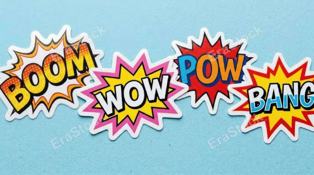 A comic speech bubble sticker set with boom, wow, pow and bang text, scrapbook cutout edges and bright cartoon bursts, lively pop-art retro mood, ultra-realistic, no logos.