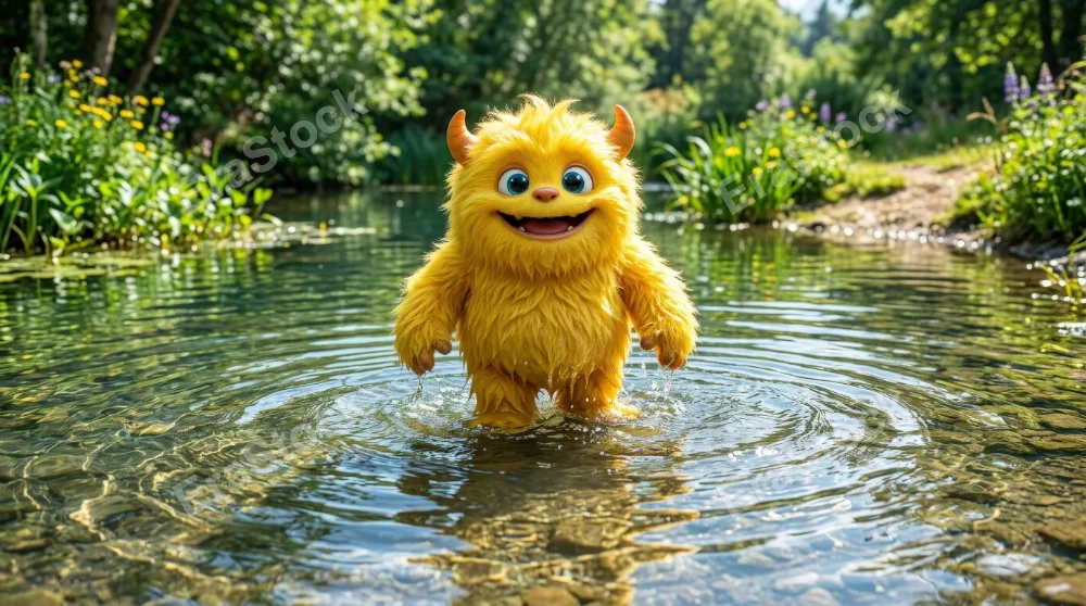 A cute yellow furry monster standing in water, ripples around soft fur, bright playful colors, refreshing cheerful mood, ultra-realistic, no logos.
