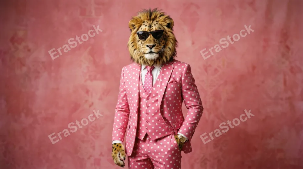 A spotted lion-headed figure in a pink polka-dot suit with tie and sunglasses against a monochrome pink backdrop, whimsical retro portrait and confident style, ultra-realistic, no logos.