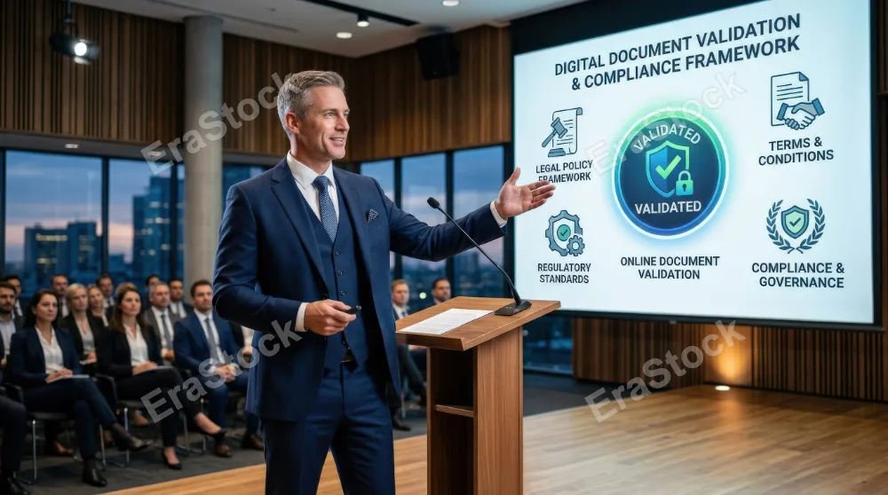 A businessman presenting an online document validation icon with legal policy graphics, terms-and-conditions visuals and regulation symbols, sharp corporate setting, trustworthy governance mood,