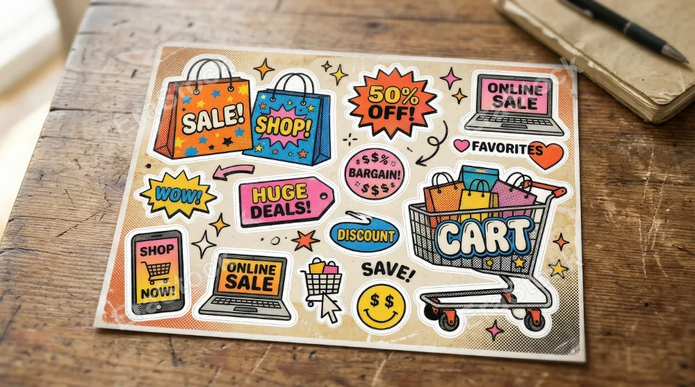 A sale-themed cutout sticker set with shopping bags, discount tags, carts and playful online retail symbols, vintage halftone dots, Y2K doodles, bold retro grunge excitement, ultra-realistic, no