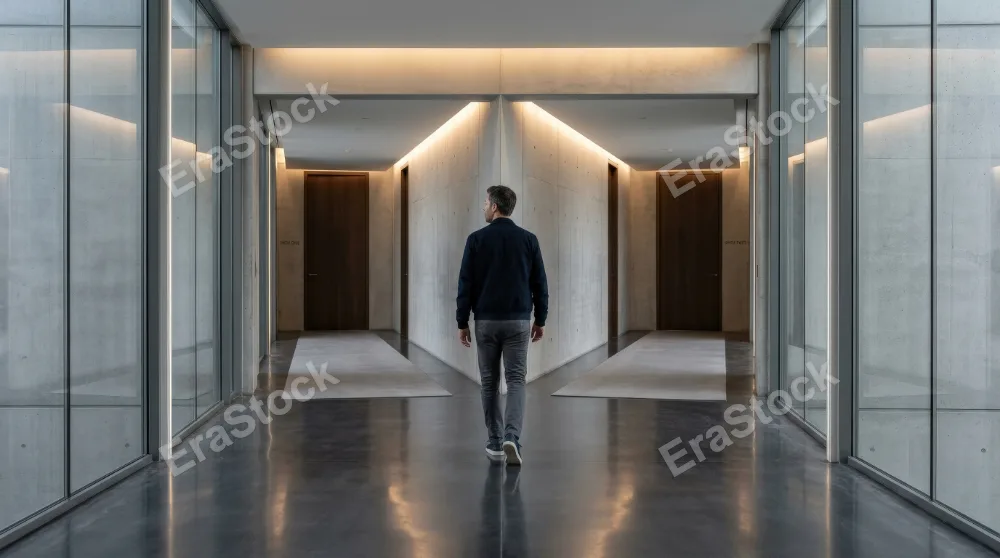 A man walking on a path that splits toward different doors ahead, minimalist corridor, balanced lighting, symbol of choice crossroads decision and future opportunity, reflective modern atmosphere,
