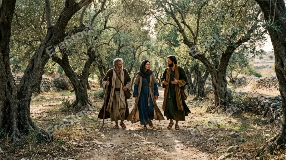 Men and a woman walking together in an olive grove, ancient robes brushing the path, dappled light through twisted branches and quiet conversation, contemplative biblical mood, ultra-realistic, no