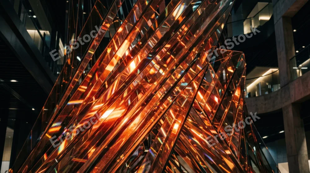 Orange and red prism glow through sharp geometric glass stripes, vivid refraction, warm dynamic futuristic atmosphere, ultra-realistic, no logos.