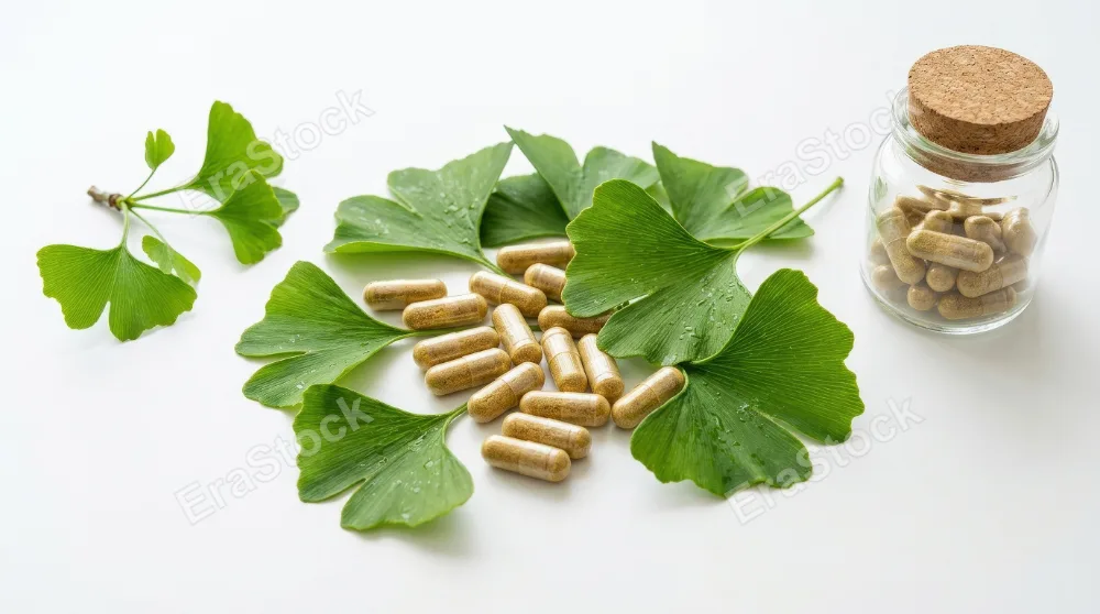 Natural herbal capsules with fresh green ginkgo biloba leaves on a white background, clean plant-based wellness scene with organic medicinal clarity, ultra-realistic, no logos.